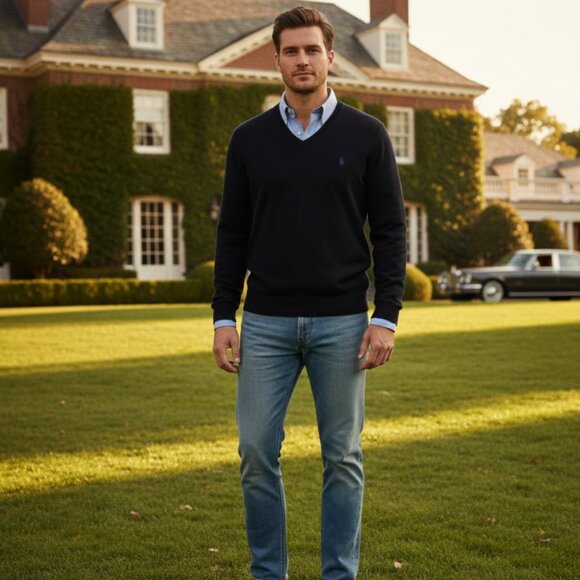 POLO RALPH LAUREN Black V-Neck Sweater Pima Cotton Mens M Old Money Preppy - Picture 1 of 5